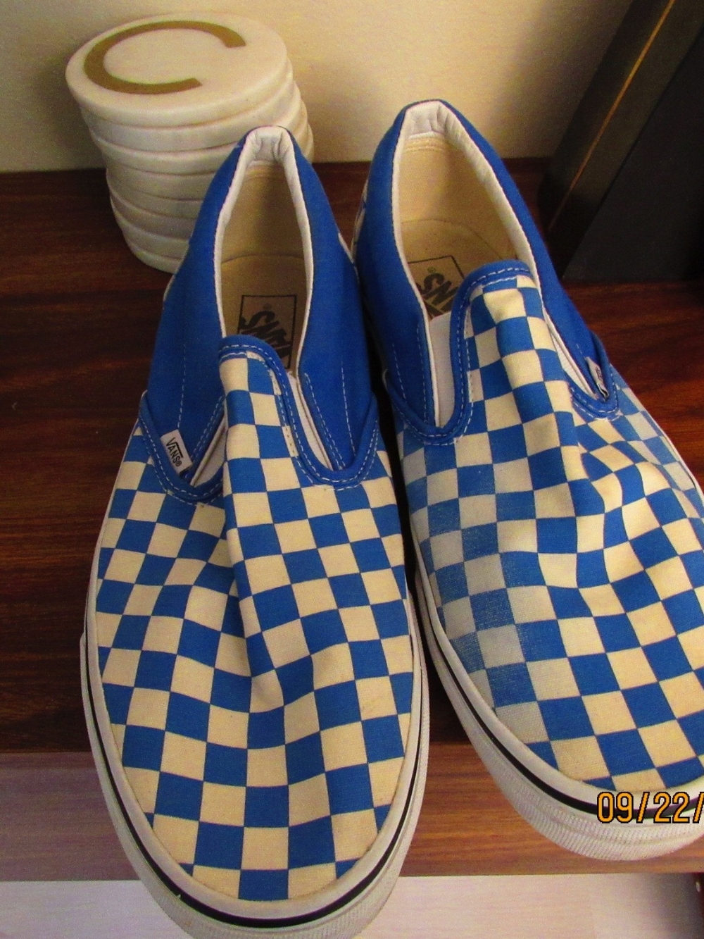 Vans Men’s Slip-On Checkerboard Canvas Sneakers - Blue/Cream